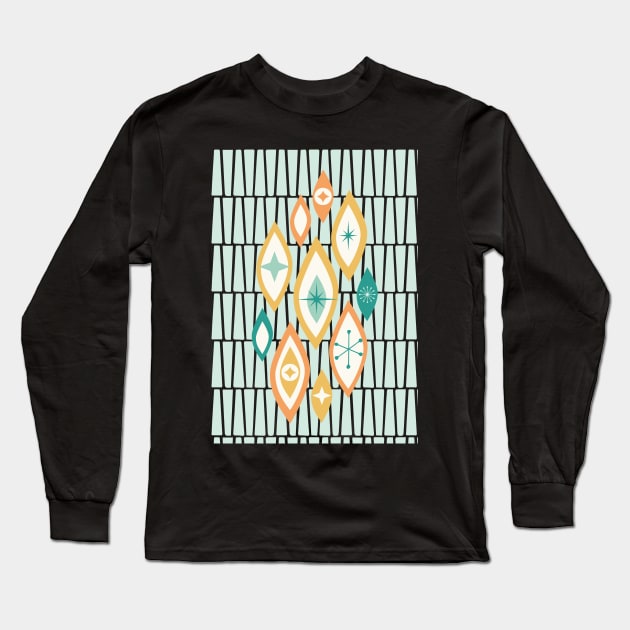 Atomic Age MCM Abstract Shapes and Stars in Teal, Aqua, Orange, Yellow Long Sleeve T-Shirt by tramasdesign